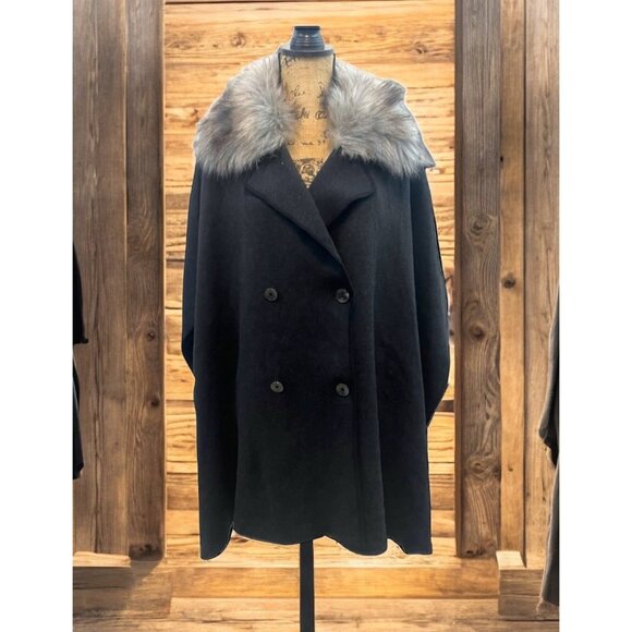 Calvin Klein Old Hollywood Black &‎ Faux Fur Double Breasted Cape Coat OS NWT - Picture 1 of 7